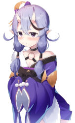 Rule 34 | black hair, blue hair, eyebrows hidden by hair, hair between eyes, hair tubes, horns, japanese clothes, kimono, low twintails, mole, mole under mouth, multicolored hair, nijisanji, o-ring, pointy ears, purin a la mode (popup), purple eyes, purple kimono, rindou mikoto, short eyebrows, short kimono, skin-covered horns, sleeves past fingers, sleeves past wrists, streaked hair, thick eyebrows, twintails, two-tone hair, virtual youtuber