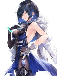 Rule 34 | 1girl, absurdres, asymmetrical gloves, bare shoulders, black hair, black pants, blue dress, blue hair, blush, bob cut, breasts, cleavage, cleavage cutout, clothing cutout, diagonal bangs, dice, dress, earrings, fur-trimmed jacket, fur trim, genshin impact, gloves, green eyes, highres, jacket, jacket on shoulders, jazztaki, jewelry, large breasts, long sleeves, looking at viewer, mismatched gloves, mole, mole on breast, multicolored hair, neck ring, pants, pelvic curtain, short hair, smile, solo, tassel, thighs, tight clothes, tight pants, two-tone hair, white jacket, yelan (genshin impact)