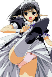 Rule 34 | 00s, 1girl, absurdres, armband, black hair, bow, bow panties, brown eyes, high heels, highres, kicking, lace, lace-trimmed panties, lace trim, long pointy ears, maid, maid headdress, panties, pantyshot, pink panties, pointy ears, really? really!, sage (tick! tack!), shoes, shuffle!, simple background, solo, suzuhira hiro, thighhighs, tick! tack!, underwear, vector trace, white background, white thighhighs, wristband