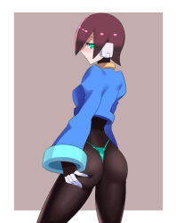 Rule 34 | 1girl, aile (mega man zx), ass, blush, bodysuit, breasts, brown hair, closed mouth, gloves, green eyes, long sleeves, looking at viewer, medium breasts, mega man (series), mega man zx, robot ears, short hair, simple background, skin tight, solo, spandex, thong, ukimukai
