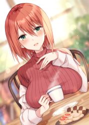 Rule 34 | 1girl, :d, blush, breast rest, breasts, breasts on table, cleavage, cup, earrings, green eyes, highres, holding, holding cup, jacket, jewelry, kinona, large breasts, looking at viewer, open mouth, original, red hair, ribbed sweater, school nurse, smile, solo, sweater, teacher