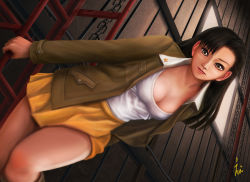 Rule 34 | 10s, 1girl, black hair, breasts, brown eyes, brown hair, chain, chi-hatan military uniform, cleavage, closed mouth, dutch angle, ebi (eeotoko), girls und panzer, highres, holding, jacket, long hair, long sleeves, miniskirt, nishi kinuyo, signature, skirt, smile, solo, star (symbol), wooden wall, yellow skirt
