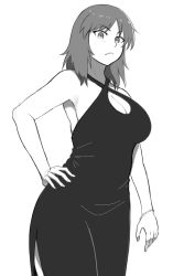 Rule 34 | 1girl, blue hair, bracelet, breasts, cleavage, closed mouth, commentary, cowboy shot, criss-cross halter, dress, formal, frown, girls und panzer, greyscale, halterneck, hand on own hip, highres, jewelry, large breasts, light blue hair, long dress, long hair, looking at viewer, monochrome, murakami (girls und panzer), side slit, solo, standing, yougata