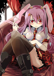 Rule 34 | 1girl, alternate costume, animal ears, black thighhighs, blush, boots, breasts, carrot, carrot hair ornament, contemporary, couch, fake animal ears, female focus, food-themed hair ornament, hair ornament, hairclip, jewelry, long hair, maturiuta sorato, medium breasts, necktie, plaid, plaid skirt, pleated skirt, purple hair, rabbit ears, red eyes, reisen udongein inaba, ring, sitting, skirt, solo, thighhighs, touhou