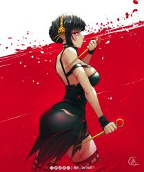 Rule 34 | 1girl, ass, back, bare shoulders, black dress, black hair, black thighhighs, blood, blood on face, breasts, closed mouth, dagger, dress, earrings, gold hairband, hair bun, hairband, holding, holding dagger, holding knife, holding weapon, jewelry, jk arts, knife, large breasts, looking at viewer, looking back, profile, red eyes, short hair, signature, sleeveless, sleeveless dress, solo, spy x family, stiletto (weapon), thighhighs, thighs, torn clothes, torn dress, twitter username, weapon, yor briar