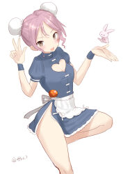 Rule 34 | 1girl, apron, blue dress, breasts, bun cover, china dress, chinese clothes, cleavage, clothing cutout, cowboy shot, double bun, dress, frilled apron, frills, hair bun, heart cutout, highres, kantai collection, one-hour drawing challenge, pink eyes, pink hair, puffy short sleeves, puffy sleeves, rabbit, sazanami (kancolle), short hair, short sleeves, simple background, small breasts, standing, standing on one leg, tetsukuzu (yajirushi shita), white apron, white background, wristband
