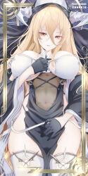 Rule 34 | 1girl, absurdres, azur lane, between breasts, black gloves, breast cutout, breasts, chark14, covered navel, cowboy shot, fake horns, gloves, habit, hair between eyes, half gloves, highres, horns, implacable (azur lane), large breasts, long bangs, long hair, looking at viewer, nun, pelvic curtain, red eyes, revealing clothes, solo, thighhighs, two-tone dress, veil, very long hair, white horns, white thighhighs