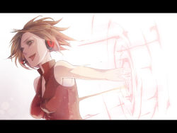 Rule 34 | 1girl, bad id, bad pixiv id, breasts, brown hair, chikotsu, female focus, gradient background, headset, letterboxed, light, medium breasts, meiko (vocaloid), red theme, short hair, solo, vocaloid, white background