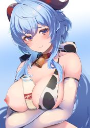 Rule 34 | 1girl, absurdres, ahoge, alternate costume, animal print, arms under breasts, bell, between breasts, bikini, blue hair, blush, bottle, breasts, closed mouth, collar, collarbone, cow print, crossed arms, dot nose, elbow gloves, ganyu (genshin impact), genshin impact, gloves, goat horns, gradient eyes, highres, horns, inuinuo gataken, jingle bell, large breasts, low ponytail, milk bottle, multicolored eyes, neck bell, nipples, one breast out, raised eyebrows, red collar, red eyes, sidelocks, solo, swimsuit, tearing up, upper body, wavy hair, wet, yellow eyes
