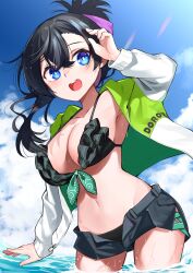 Rule 34 | 1girl, armpits, bikini, bikini shorts, black bikini, black hair, black shorts, blue eyes, blue sky, breasts, cleavage, collarbone, commentary request, dorobou-chan, folded ponytail, frilled bikini, frills, hair between eyes, hair ribbon, hand up, highres, hitotose hirune, jacket, large breasts, lens flare, looking at viewer, multicolored clothes, multicolored jacket, navel, nemukata (dorobou-chan), ocean, open clothes, open fly, open jacket, open mouth, purple ribbon, ribbon, short shorts, shorts, sky, solo, swimsuit, teeth, two-tone jacket, upper teeth only, wading