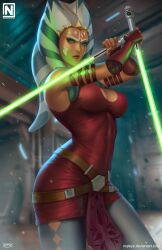 Rule 34 | 1girl, absurdres, ahsoka tano, alien, bare shoulders, belt, blue eyes, blurry, breasts, cleavage, depth of field, dress, green lightsaber, grey pantyhose, highres, holding, holding lightsaber, holding weapon, large breasts, lightsaber, looking at viewer, nopeys, pantyhose, pelvic curtain, red dress, reverse grip, solo, star wars, togruta, vambraces, weapon