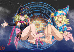 Rule 34 | 2girls, absurdres, bare legs, bare shoulders, barefoot, blonde hair, blush stickers, breasts, cellphone, chain, cleavage, curvy, dark magician girl, duel monster, feet, female focus, gagaga girl, green eyes, hat, highres, long hair, looking at viewer, magical girl, medium breasts, multiple girls, one eye closed, open mouth, patreon, phone, red eyes, shiny clothes, shiny skin, sitting, smile, soles, toes, wand, wizard hat, yu-gi-oh!