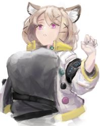Rule 34 | 1girl, animal ear fluff, animal ears, arknights, blonde hair, breasts, cat ears, closed mouth, commentary, english commentary, gnai, grey shirt, hair ornament, hairclip, highres, jacket, large breasts, open clothes, open jacket, parted bangs, purple eyes, shirt, simple background, solo, strap, upper body, utage (arknights), white background, white jacket