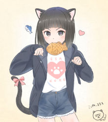 Rule 34 | 1girl, animal ears, black eyes, black hair, blunt bangs, blush, cat ears, cat tail, cowboy shot, dated, fangs, food, heart, jacket, looking at viewer, mouth hold, open clothes, open jacket, original, short hair, shorts, signature, solo, tail, taiyaki, taka (tsmix), wagashi, white background