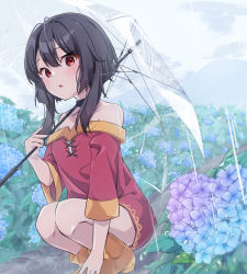 Rule 34 | 1girl, absurdres, artist name, bare shoulders, black choker, black hair, blue flower, blush, boots, breasts, choker, commentary, dress, flower, full body, hair between eyes, highres, holding, holding umbrella, hydrangea, kono subarashii sekai ni shukufuku wo!, looking at viewer, megumin, nut megu, outdoors, overcast, parted lips, path, rain, raised eyebrows, red dress, red eyes, road, rubber boots, short hair, short hair with long locks, sidelocks, signature, sky, small breasts, solo, squatting, transparent, transparent umbrella, umbrella, water drop, yellow footwear