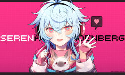 Rule 34 | + +, 1girl, 2018, animal print, antenna hair, astrea: star of thelema, black border, black hairband, blue hair, blush stickers, border, character name, commentary, curly hair, english commentary, hairband, heart, hen-tie, holding, holding own hair, hood, hood down, jacket, layered sleeves, letterboxed, long sleeves, looking at viewer, official art, open mouth, orange shirt, pink background, pink eyes, pink headphones, pink hood, pink shirt, polka dot, polka dot background, rabbit, rabbit print, red shirt, seren (astrea), shirt, short hair with long locks, sleeves past wrists, smile, solo, sparkling eyes, spoken heart, straight-on, striped hood, teeth, turtleneck, two-tone shirt, upper body, white jacket