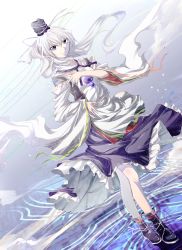 Rule 34 | 1girl, blue eyes, boots, dress, female focus, hand on own chest, hat, highres, japanese clothes, kakao (noise-111), long hair, mononobe no futo, ponytail, silver hair, smile, solo, tate eboshi, touhou