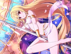 Rule 34 | 1girl, arabian clothes, armlet, bare shoulders, blonde hair, blush, bra, breasts, circlet, crossover, curtains, dancing, falling petals, flower, gold, gold armlet, gold bracelet, gold choker, hair intakes, harem outfit, holding, holding pole, indoors, jewelry, konjiki no yami, leaf, lens flare, light particles, long hair, looking at viewer, low-tied long hair, navel, neck ring, night, night sky, official alternate costume, official alternate hairstyle, official art, panties, parted lips, pelvic curtain, petals, pink flower, pink petals, plant, pole, pole dancing, purple curtains, red eyes, senran kagura, senran kagura new link, sky, small breasts, solo, sparkle, star (sky), star (symbol), starry sky, stripper pole, to love-ru, to love-ru darkness, underwear, very long hair, white bra, white panties, window, yaegashi nan