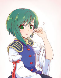Rule 34 | 1girl, arm up, asymmetrical hair, black skirt, blue vest, bow, buttons, epaulettes, gradient background, green eyes, green hair, long sleeves, looking at viewer, medium hair, no headwear, open mouth, red bow, shiki eiki, shio (futatsumami), shirt, skirt, smile, solo, touhou, upper body, vest, white bow, white shirt, wide sleeves