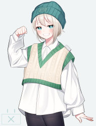 Rule 34 | 1girl, absurdres, aoba moca, bang dream!, beanie, black pantyhose, blue eyes, blush, collared shirt, commentary, dress shirt, green hat, grey background, grin, group name, hand up, hat, highres, light brown hair, long sleeves, looking at viewer, pantyhose, puffy long sleeves, puffy sleeves, shirt, short hair, simple background, sleeves past wrists, smile, solo, sweater vest, the cold, white shirt