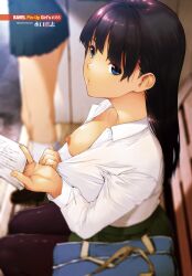 Rule 34 | 2girls, bag, bench, black hair, blue eyes, blurry, blurry background, book, breasts, female focus, flashing, from above, hands up, highres, holding, holding book, legs, long hair, looking at viewer, medium breasts, mizuguchi takashi, multiple girls, nipples, no bra, one breast out, original, parted lips, pulled by self, school bag, school uniform, sitting, skirt, standing, thighhighs, thighs, unbuttoned, unbuttoned shirt