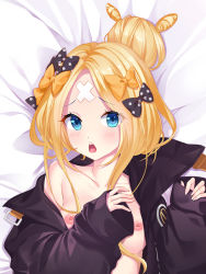 Rule 34 | 1girl, abigail williams (fate), abigail williams (traveling outfit) (fate), bakugadou, bandaid, bandaid on face, bandaid on forehead, belt, black bow, black jacket, blonde hair, blue eyes, blush, bow, breasts, collarbone, crossed bandaids, fate/grand order, fate (series), forehead, hair bow, hair bun, heroic spirit traveling outfit, high collar, jacket, long hair, looking at viewer, multiple bows, nipples, official alternate costume, open clothes, open jacket, open mouth, orange belt, orange bow, parted bangs, polka dot, polka dot bow, single hair bun, sleeves past wrists, small breasts, solo