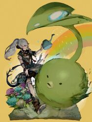 Rule 34 | 1girl, ;d, ankle boots, au ra, blue flower, boots, bracelet, brown footwear, brown shorts, creature, dew drop, dragon girl, dragon horns, dragon tail, final fantasy, final fantasy xiv, flower, full body, goggles, goggles around neck, green vest, grey hair, highres, holding, holding watering can, horns, jewelry, korpokkur (final fantasy), leaf, long hair, one eye closed, open mouth, ponytail, rainbow, scales, shorts, simple background, smile, spiked tail, tail, thigh strap, vest, warrior of light (ff14), water, water drop, watering, watering can, white background, white flower, yellow eyes, zerou pan