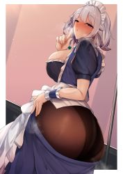 Rule 34 | 1girl, absurdres, apron, ass, ass focus, blue dress, blue eyes, blush, bow, braid, breasts, commentary request, dress, finger to mouth, frilled apron, frilled dress, frills, green bow, hair bow, highres, izayoi sakuya, large breasts, looking at viewer, maid, maid headdress, panties, panties under pantyhose, pantyhose, pointing, pointing up, puffy short sleeves, puffy sleeves, sexually suggestive, short hair, short sleeves, shushing, silver hair, sinkai, solo, touhou, twin braids, underwear, wrist cuffs