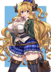 Rule 34 | 1girl, belt, black thighhighs, blazer, blonde hair, blue bow, blue eyes, blue skirt, blush, bow, breasts, briefcase, candy, center frills, cleavage, collarbone, curvy, draph, food, frilled shirt, frilled skirt, frills, granblue fantasy, green jacket, hair between eyes, hair bow, high ponytail, highres, horns, jacket, jewelry, kent0320, large breasts, lollipop, long hair, long sleeves, looking at viewer, necklace, open clothes, open jacket, plaid, plaid skirt, pointy ears, razia, school briefcase, school uniform, shirt, simple background, skirt, solo, standing, thick thighs, thighhighs, thighs, tongue, tongue out, very long hair, white shirt, zettai ryouiki
