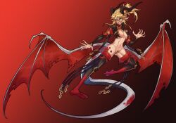 Rule 34 | 1girl, abs, breasts, dragon girl, dragon horns, dragon tail, dragon wings, english text, fate/grand order, fate (series), female focus, full body, green eyes, highres, horns, light brown hair, long hair, maebari, meow on road, mordred (fate), mordred (fate/apocrypha), navel, pointy ears, ponytail, revealing clothes, scar, scar on stomach, small breasts, solo, tail, wings