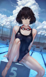 Rule 34 | 1girl, arena (company), arms at sides, bare shoulders, black eyes, black hair, blue one-piece swimsuit, breasts, chain-link fence, competition swimsuit, covered navel, day, dutch angle, fence, gluteal fold, highleg, highleg swimsuit, highres, kaoming, looking at viewer, medium breasts, one-piece swimsuit, original, outdoors, pool, poolside, shiny skin, short hair, sitting, solo, spread legs, starting block, swimsuit, transmission tower, water, wet, wet hair