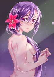 Rule 34 | 10s, 1girl, akebono (kancolle), bad id, bad pixiv id, bell, butt crack, flower, hair bell, hair censor, hair flower, hair ornament, hair over breasts, highres, jingle bell, kantai collection, lips, long hair, nude, purple eyes, purple hair, side ponytail, solo, tiha, upper body, very long hair