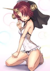 Rule 34 | bare legs, bare shoulders, barefoot, blue eyes, breasts, casual one-piece swimsuit, cleavage, covered navel, fate/apocrypha, fate (series), frankenstein&#039;s monster (fate), halterneck, hand on own thigh, headgear, horns, kneeling, looking at viewer, one-piece swimsuit, open mouth, red hair, ryuinu, see-through, see-through cleavage, short hair, simple background, single horn, small breasts, solo, swimsuit, veil