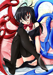 Rule 34 | 1girl, ;p, black hair, black thighhighs, campbell (pixiv), campbell gichou, feet, female focus, houjuu nue, no shoes, one eye closed, red eyes, sitting, solo, thighhighs, thighs, toes, tongue, tongue out, touhou, wings, wink
