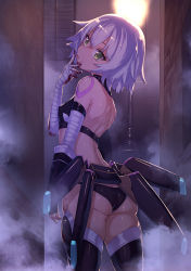 Rule 34 | 1girl, ass, bandaged arm, bandages, bare shoulders, black gloves, black panties, black thighhighs, blood, blood on face, breasts, butt crack, commentary request, covered erect nipples, cowboy shot, dagger, fate/apocrypha, fate (series), female focus, fingerless gloves, from behind, gloves, green eyes, hair between eyes, hand up, head tilt, highres, ibuki notsu, jack the ripper (fate/apocrypha), knife, licking, licking finger, looking back, midriff, panties, scar, sheath, sheathed, short hair, shoulder tattoo, silver hair, skindentation, small breasts, solo, standing, tattoo, thighhighs, thighs, tongue, tongue out, underwear, weapon