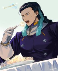 Rule 34 | 1boy, text background, black hair, blue eyes, blue hair, bracelet, commentary request, eating, fate/grand order, fate (series), fork, gloves, gradient background, gradient hair, high collar, highres, holding, holding fork, jacket, jewelry, light blue background, long hair, long sleeves, looking away, male focus, multicolored hair, muscular, muscular male, nikola tesla (fate), open mouth, plate, solo, sosaka, sweat, teeth, twitter username, two-tone hair, upper body, upper teeth only, white background, white gloves