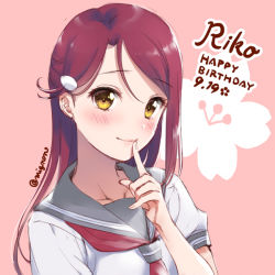 Rule 34 | 10s, 1girl, blush, collarbone, dated, eyebrows, finger to mouth, hair ornament, happy birthday, looking at viewer, love live!, love live! school idol project, love live! sunshine!!, mignon, red hair, sailor collar, sakurauchi riko, school uniform, serafuku, signature, sketch, smile, solo, yellow eyes