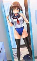 Rule 34 | 1girl, black hair, black thighhighs, blue one-piece swimsuit, blue sailor collar, blue skirt, camera phone, cellphone, commentary request, competition swimsuit, door, feet out of frame, green eyes, highres, long hair, mirror, neckerchief, one-piece swimsuit, original, phone, red neckerchief, reflection, sailor collar, school uniform, selfie, serafuku, skirt, unworn skirt, solo, swimsuit, swimsuit under clothes, taking picture, thighhighs, twintails, wooden floor, yukemuriganmo