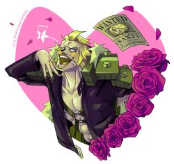 Rule 34 | 1boy, abs, blonde hair, blush, cropped torso, duval, empty eyes, eyelashes, flower, hand up, heart, heart background, highres, keysandcrosses, limp wrist, male focus, mutton chops, nail polish, o-ring, o-ring top, one eye closed, one piece, open mouth, pectoral cleavage, pectorals, petals, rose, sanji (one piece), short hair, solo, sweatdrop, toned, toned male, wanted, wink star