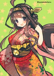 Rule 34 | 10s, 1girl, ahoge, blush, breasts, brown eyes, brown hair, clenched hand, commentary request, double bun, furisode, hair bun, hair ornament, hairband, japanese clothes, kantai collection, kimono, kongou (kancolle), long hair, looking at viewer, md5 mismatch, open mouth, resized, simple background, solo, suzuho hotaru, twitter username, yukata