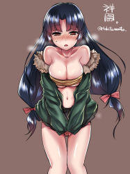Rule 34 | 10s, 1girl, adapted costume, alternate hair length, alternate hairstyle, bad id, bad nicoseiga id, bandeau, bare shoulders, blue hair, blush, breasts, character name, cleavage, collarbone, full-face blush, fur trim, heavy breathing, kanji, kantai collection, large breasts, long hair, looking at viewer, low-tied long hair, navel, red eyes, shouhou (kancolle), skirt, solo, strapless, sweatdrop, tokita monta, tube top, twintails, twitter username, underboob, v arms
