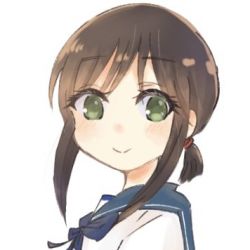Rule 34 | 1girl, black hair, blue sailor collar, commentary request, eyes visible through hair, fubuki (kancolle), green eyes, kantai collection, karin., looking at viewer, low ponytail, lowres, ponytail, sailor collar, short hair, short ponytail, sidelocks, simple background, solo, upper body, white background