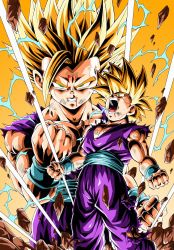 Rule 34 | 1boy, angry, battle damage, blonde hair, clenched hands, debris, dragon ball, dragonball z, electricity, green eyes, highres, looking at viewer, male focus, multiple views, open mouth, son gohan, spiked hair, super saiyan, super saiyan 1, super saiyan 2, tears, torn clothes, transformation, youngjijii