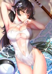 Rule 34 | 1girl, absurdres, arm up, armpits, azur lane, ball, bare shoulders, beachball, black hair, bow, breasts, caustics, choker, cleavage, criss-cross halter, flower, groin, hair bow, hair flower, hair ornament, halterneck, highleg, highleg swimsuit, highres, large breasts, long hair, looking at viewer, lying, navel, on back, one-piece swimsuit, parted lips, ponytail, sand, solo, swimsuit, sword, takao (azur lane), takao (beach rhapsody) (azur lane), teltelhousi, thighs, very long hair, water, weapon, wet, white choker, white one-piece swimsuit, wooden sword, yellow eyes