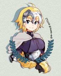 Rule 34 | 1girl, blonde hair, blue eyes, braid, breasts, capelet, commentary request, cropped torso, dated, fate/apocrypha, fate/grand order, fate (series), headpiece, jeanne d&#039;arc (fate), jeanne d&#039;arc (ruler) (fate), korean commentary, long hair, medium breasts, single braid, smile, solo, tianel ent, twitter username, upper body