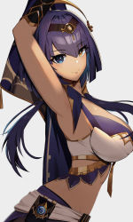 Rule 34 | 1girl, armpits, blue eyes, breasts, candace (genshin impact), closed mouth, dark-skinned female, dark skin, genshin impact, heterochromia, highres, large breasts, long hair, low twintails, muri (butter210330), purple hair, simple background, smile, solo, twintails, upper body, vision (genshin impact), white background, yellow eyes