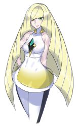 Rule 34 | 1girl, arms behind back, bare arms, bare shoulders, blonde hair, blush, breasts, commentary request, creatures (company), crystal, diamond (gemstone), dress, game freak, gem, green eyes, green gemstone, hair over one eye, hand on own hip, leggings, long hair, looking at viewer, lusamine (pokemon), medium breasts, mizuumi (bb), multicolored clothes, multicolored dress, nintendo, pokemon, pokemon sm, revision, short dress, sleeveless, sleeveless dress, smile, solo, standing, striped, striped leggings, very long hair