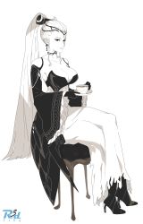 Rule 34 | absurdres, blue eyes, breasts, chair, choker, cup, dress, earrings, eir (fire emblem), fire emblem, fire emblem heroes, full body, high heels, highres, jewelry, large breasts, looking at viewer, muted color, nintendo, pale skin, r3dfive, simple background, sitting, solo, sparkle, teacup, watermark, white background, white hair