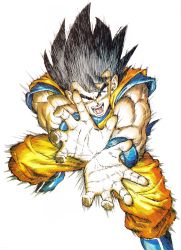 Rule 34 | 1boy, absurdres, annoyed, attack, black eyes, black hair, blue footwear, boots, cleaned, commentary, cupping hands, dougi, dragon ball, dragonball z, fighting stance, fingernails, floating, floating hair, frown, full body, highres, incoming attack, kamehameha (dragon ball), legs apart, light, looking at viewer, male focus, messy hair, motion blur, muscular, official art, open mouth, outstretched arms, own hands together, screaming, shaded face, simple background, solo, son goku, speed lines, spiked hair, teeth, toriyama akira, white background, wristband