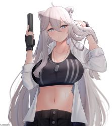 Rule 34 | 1girl, absurdres, ahoge, animal ears, black gloves, black shorts, black sports bra, breasts, cleavage, closed mouth, collarbone, collared shirt, dog tags, ear piercing, fang, fang out, fingerless gloves, gloves, grey eyes, grey hair, gun, hair between eyes, hand in own hair, hand up, handgun, highres, holding, holding gun, holding weapon, hololive, kurarashi, large breasts, lion ears, lion girl, long hair, long sleeves, looking at viewer, midriff, navel, open clothes, open shirt, piercing, shirt, shishiro botan, shishiro botan (button-down), shorts, simple background, solo, sports bra, sweat, very long hair, virtual youtuber, weapon, white background, white shirt